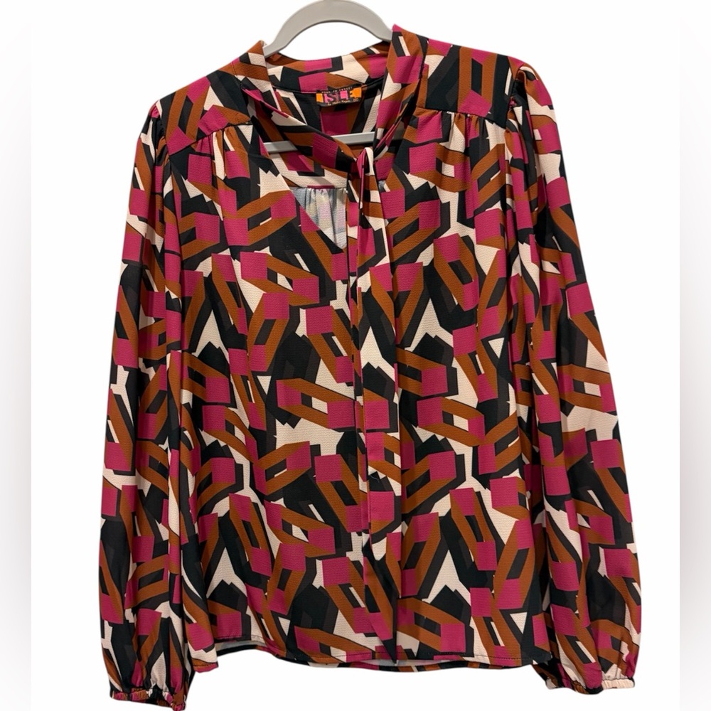 ISLE by Melis Kozan 80’s Retro Office Career Geometric Print Blouse Size Medium